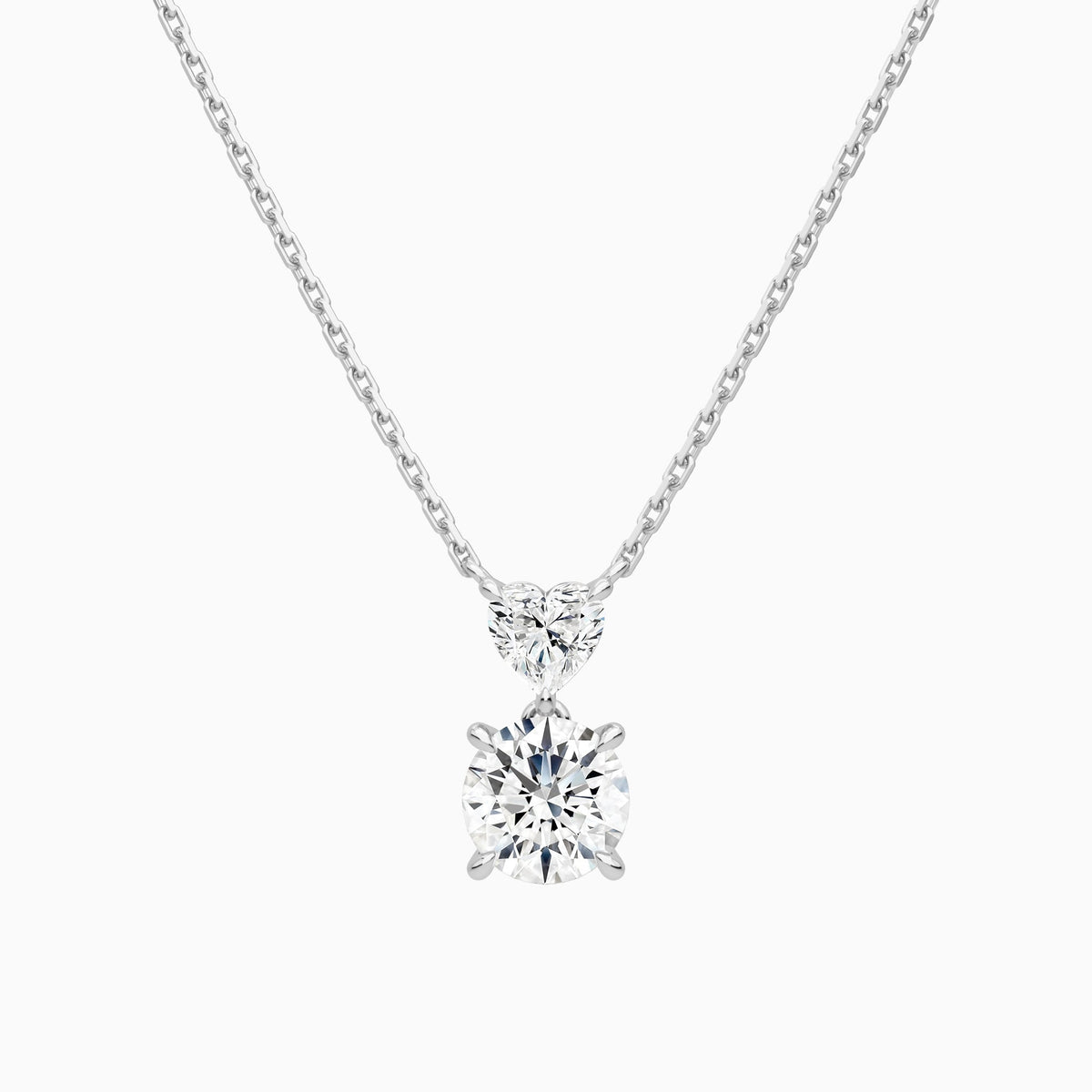Duo Drop Heart and Round Lab Grown Diamond Necklace In 18K White Gold - Lucenjuri