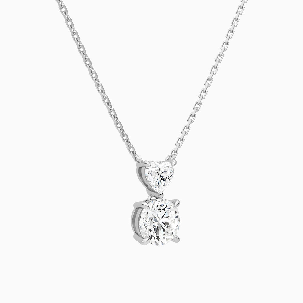 Duo Drop Heart and Round Lab Grown Diamond Necklace In 14K White Gold - Front Angle View
