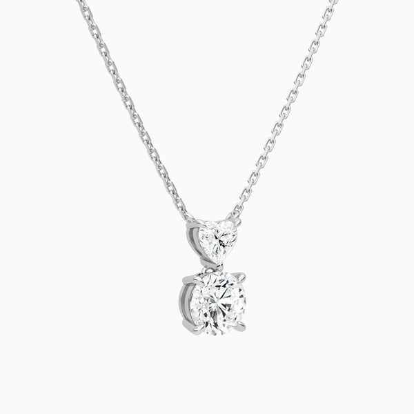 Duo Drop Heart and Round Lab Grown Diamond Necklace In 14K White Gold - Front Angle View