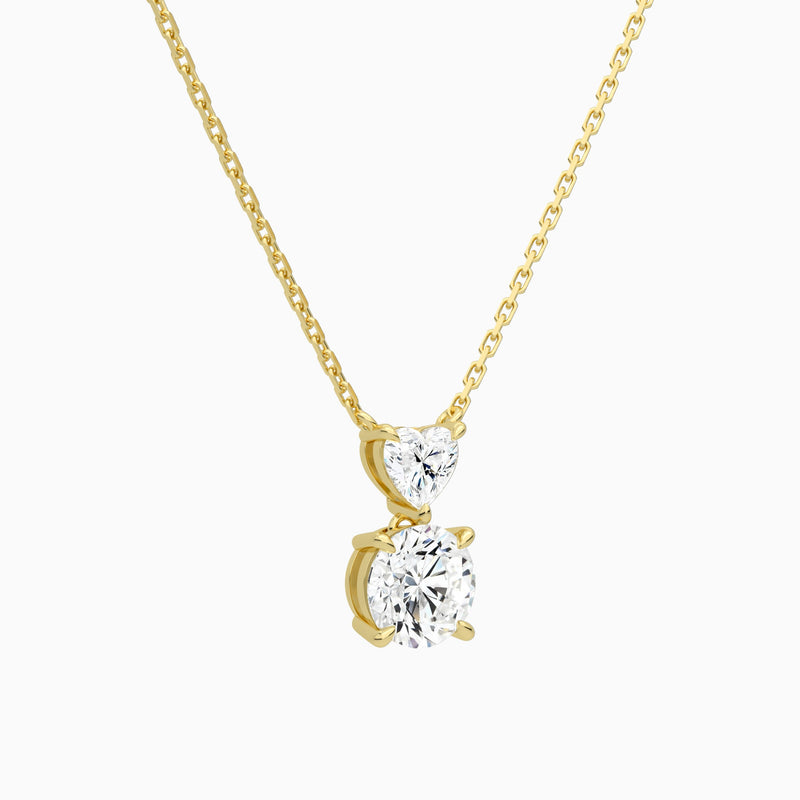 Duo Drop Heart and Round Lab Grown Diamond Necklace In 18K Yellow Gold - Front Angle View