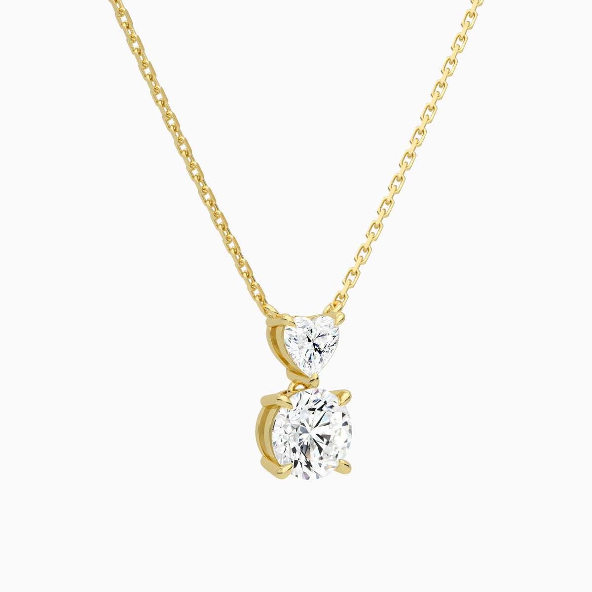 Duo Drop Heart and Round Lab Grown Diamond Necklace In 18K Yellow Gold - Front Angle View