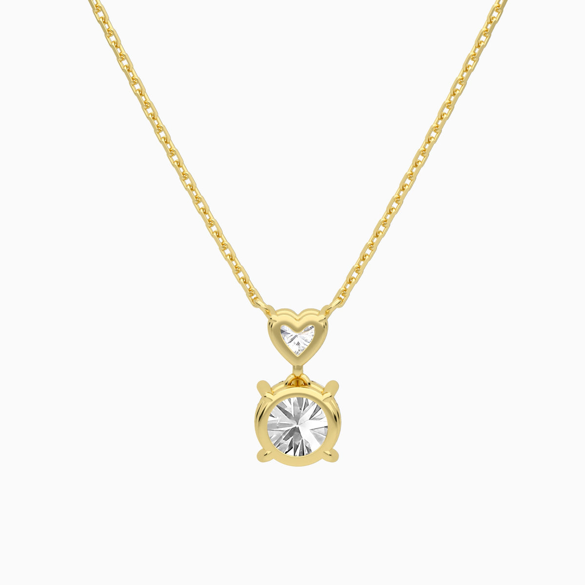 Duo Drop Heart and Round Lab Grown Diamond Necklace In 18K Yellow Gold - Back View