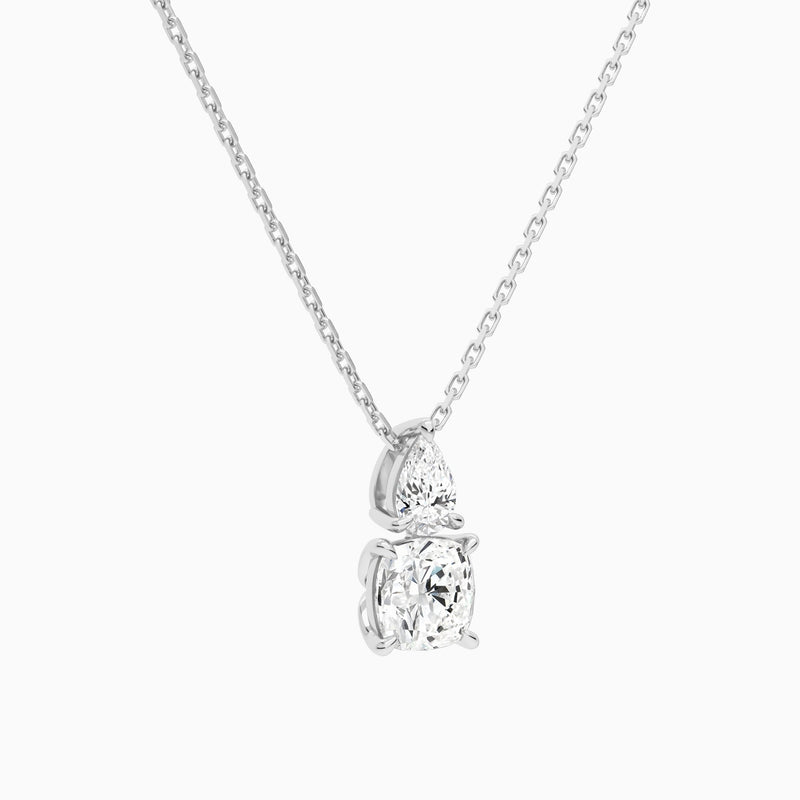 Toi Et Moi Pear and Cushion Lab Grown Diamond Necklace In Platinum - Front Angle View