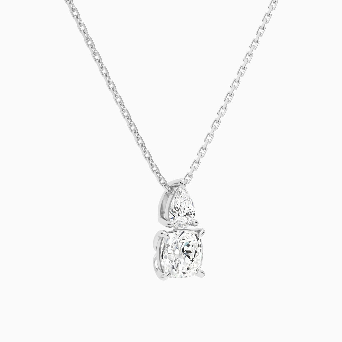 Toi Et Moi Pear and Cushion Lab Grown Diamond Necklace In Platinum - Front Angle View