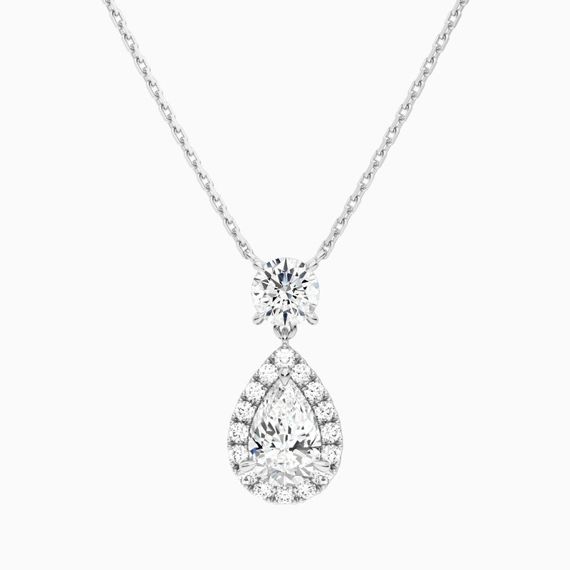 Duo Drop Round and Halo Pear Lab Grown Diamond Necklace In Platinum - Lucenjuri