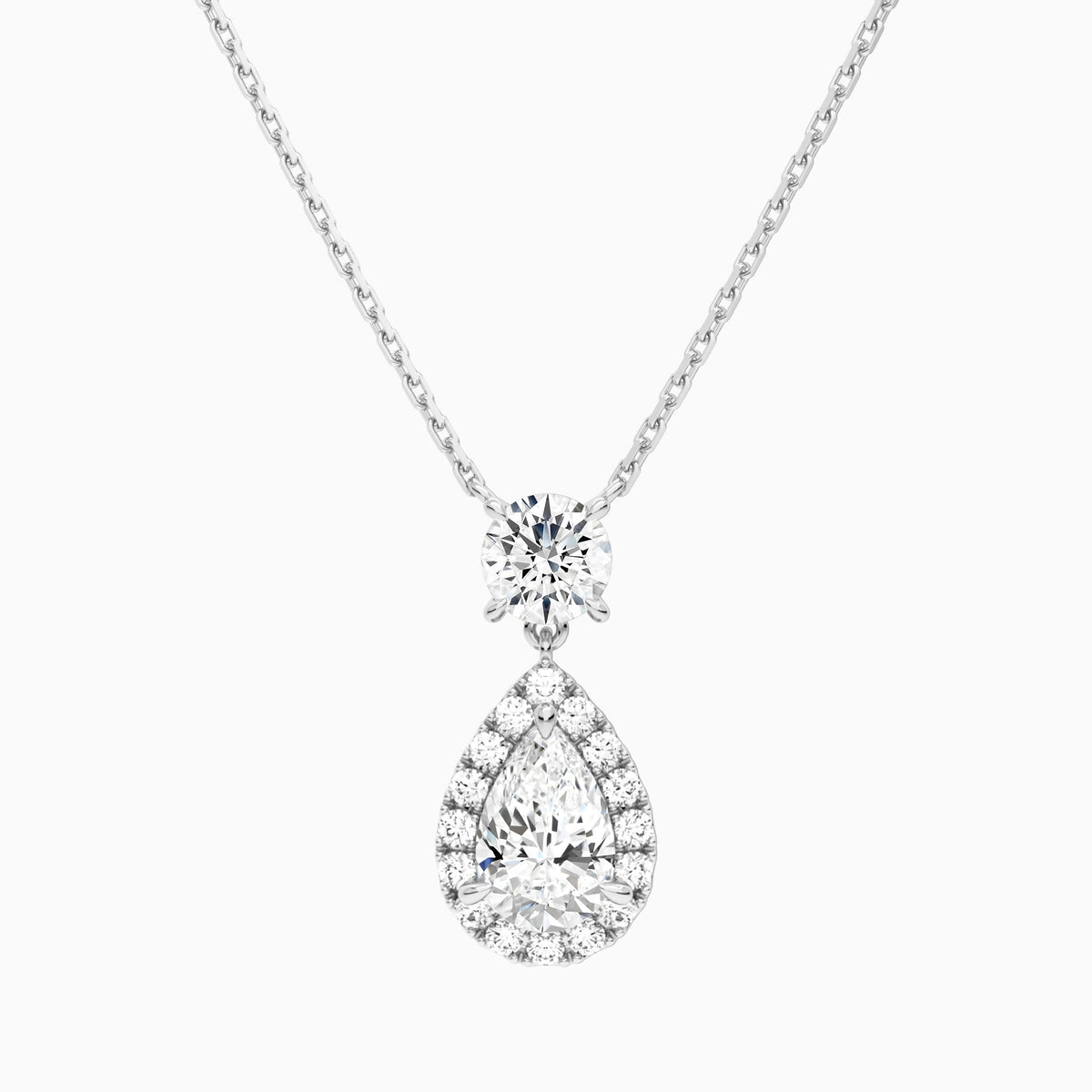 Duo Drop Round and Halo Pear Lab Grown Diamond Necklace In Platinum - Lucenjuri