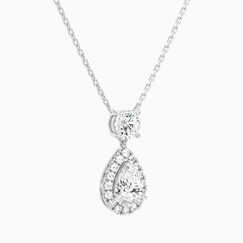 Duo Drop Round and Halo Pear Lab Grown Diamond Necklace In Platinum - Front Angle View