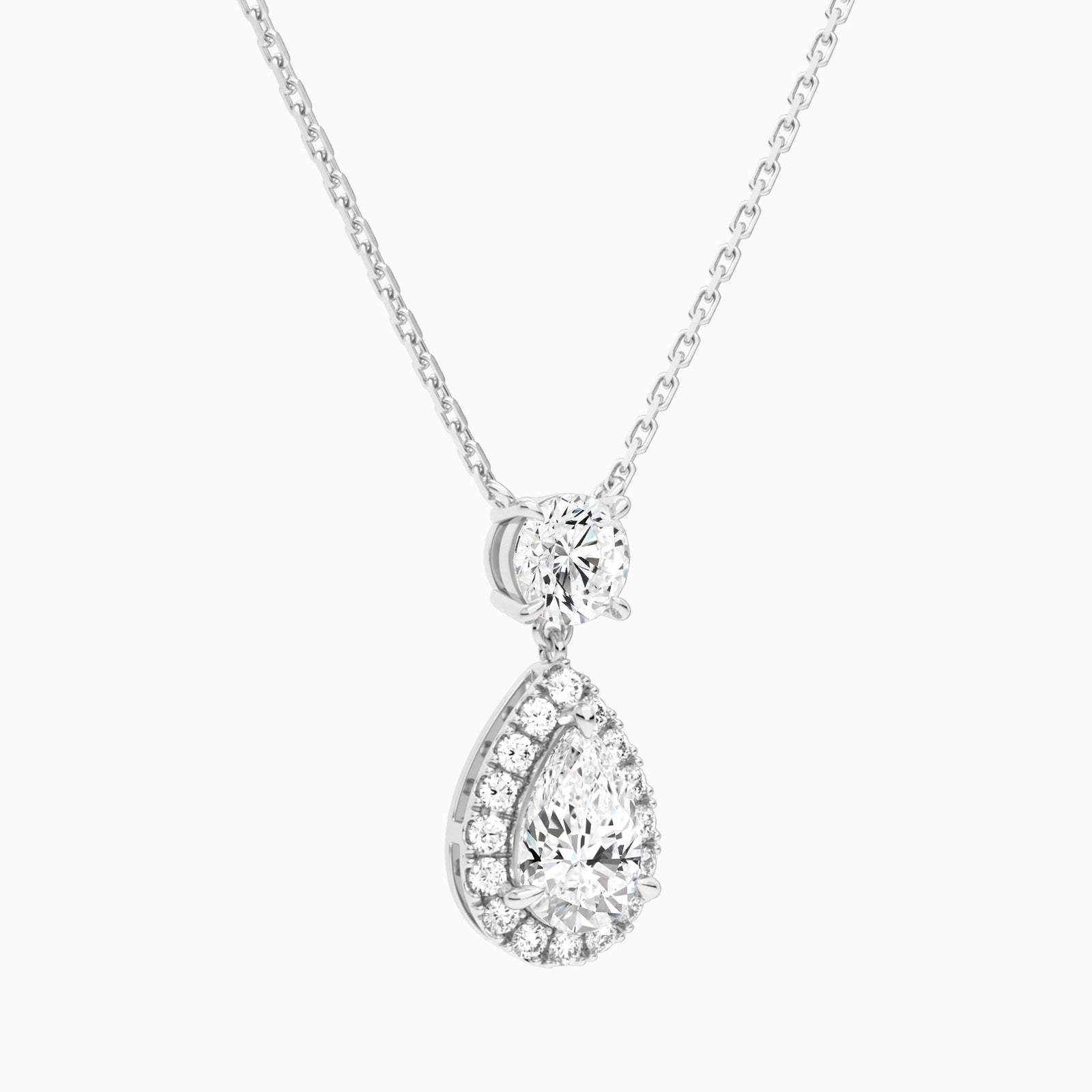 Duo Drop Round and Halo Pear Lab Grown Diamond Necklace In Platinum - Front Angle View