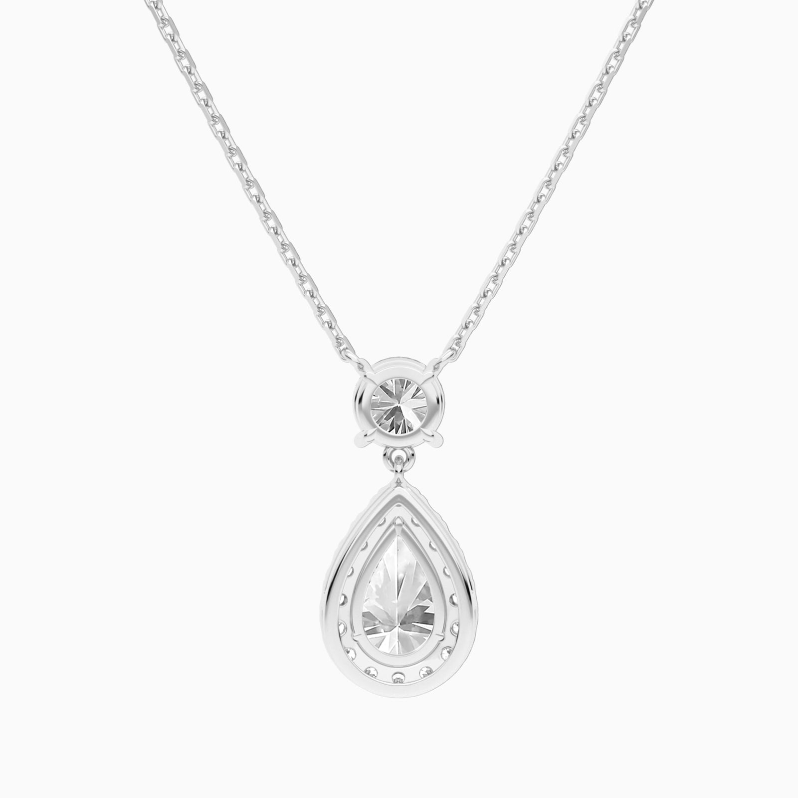 Duo Drop Round and Halo Pear Lab Grown Diamond Necklace In Platinum - Back View