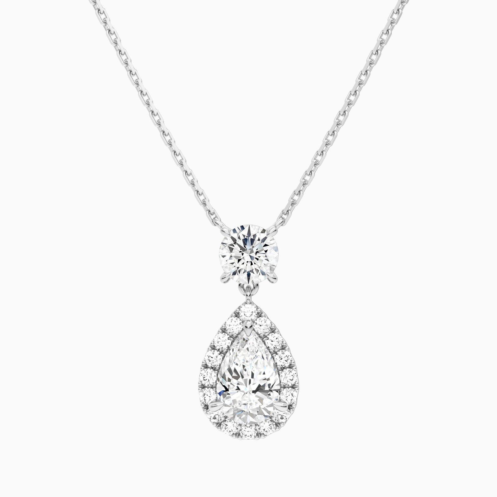 Duo Drop Round and Halo Pear Lab Grown Diamond Necklace In 18K White Gold - Lucenjuri