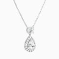 Duo Drop Round and Halo Pear Lab Grown Diamond Necklace In 18K White Gold - Front Angle View