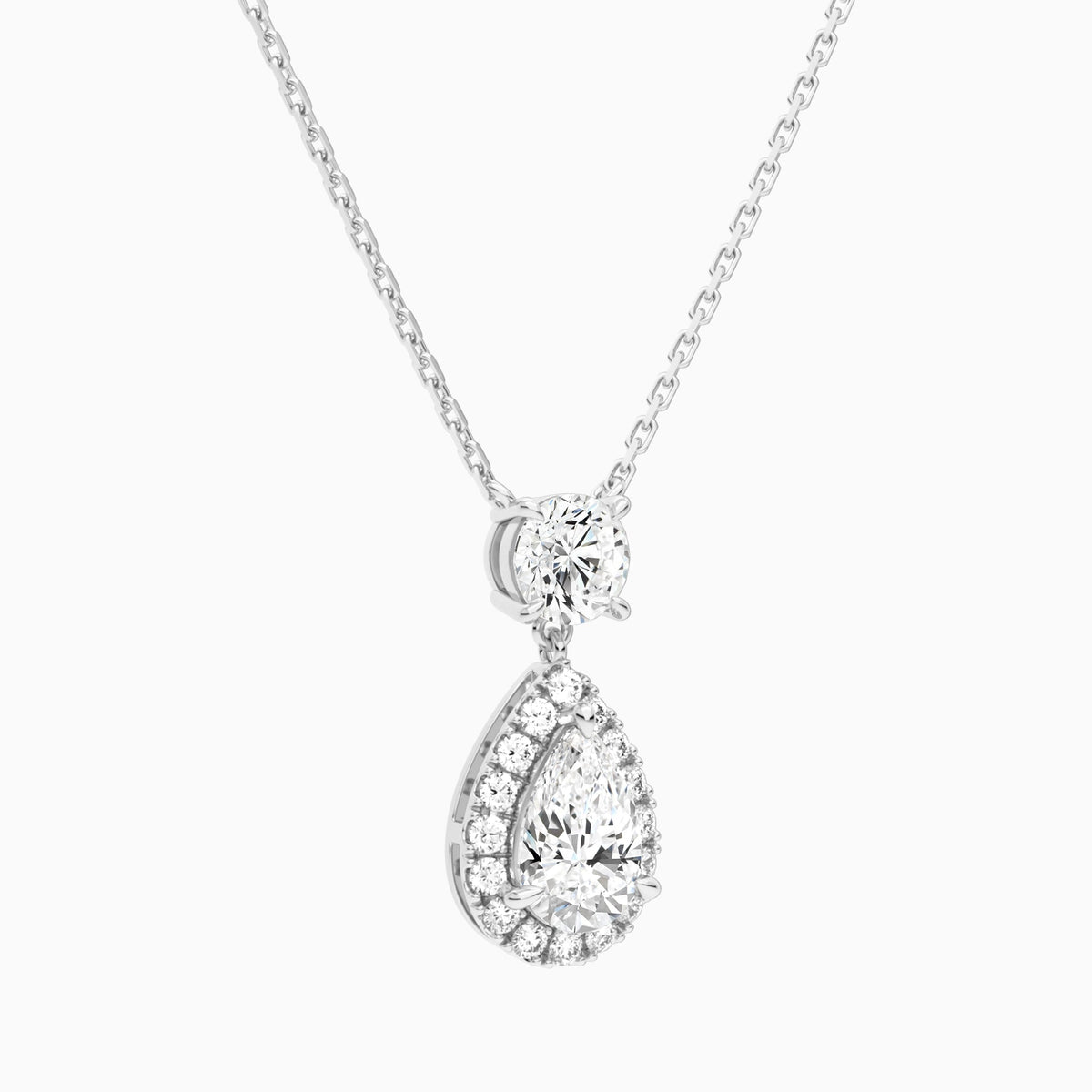 Duo Drop Round and Halo Pear Lab Grown Diamond Necklace In 18K White Gold - Front Angle View