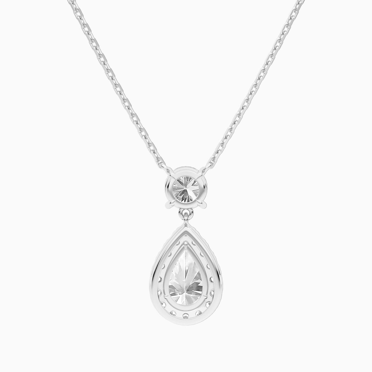 Duo Drop Round and Halo Pear Lab Grown Diamond Necklace In 14K White Gold - Back View