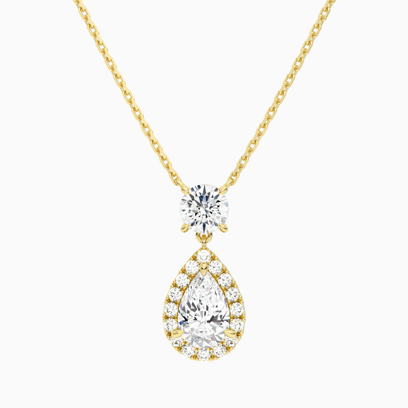 Duo Drop Round and Halo Pear Lab Grown Diamond Necklace In 18K Yellow Gold - Lucenjuri