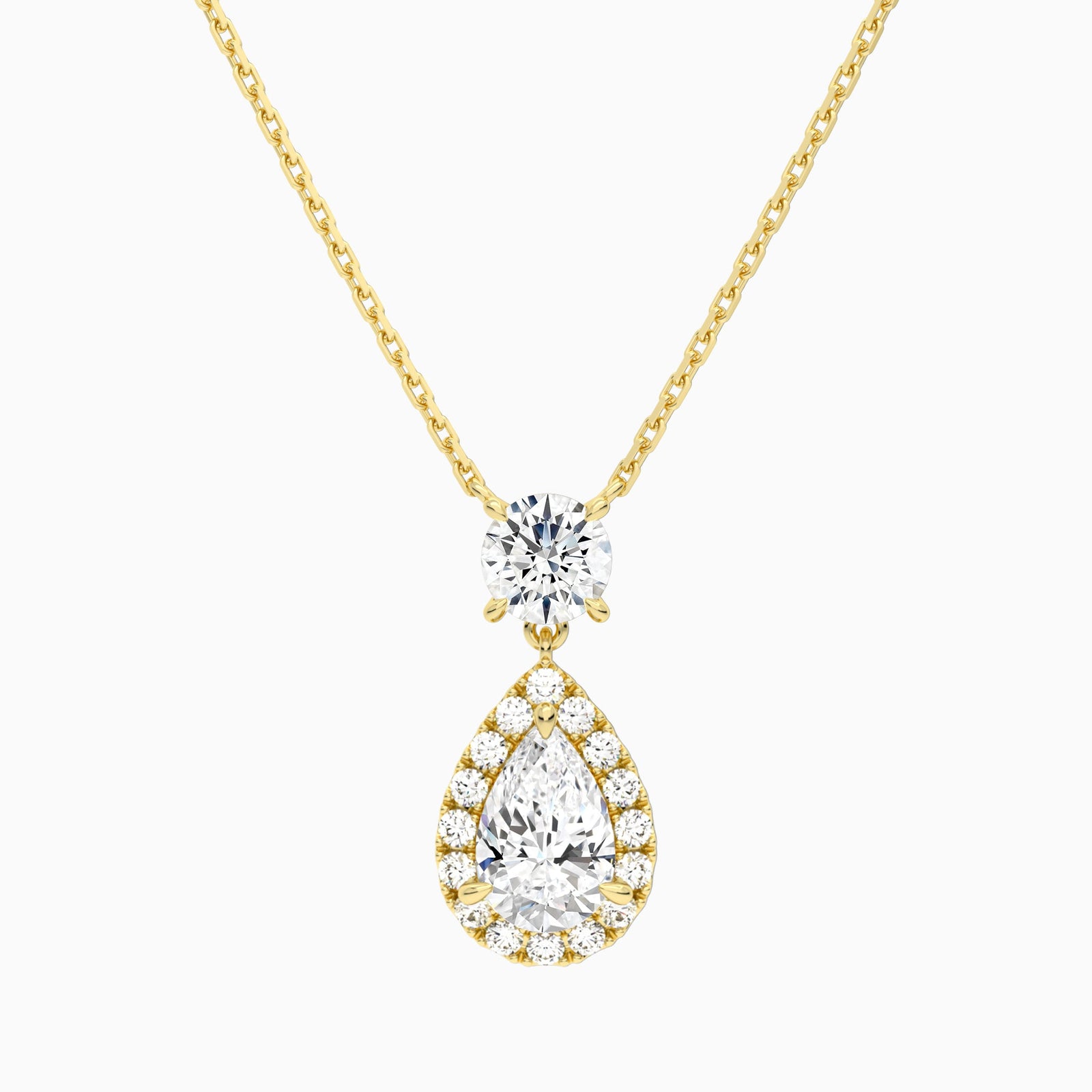 Duo Drop Round and Halo Pear Lab Grown Diamond Necklace In 18K Yellow Gold - Lucenjuri