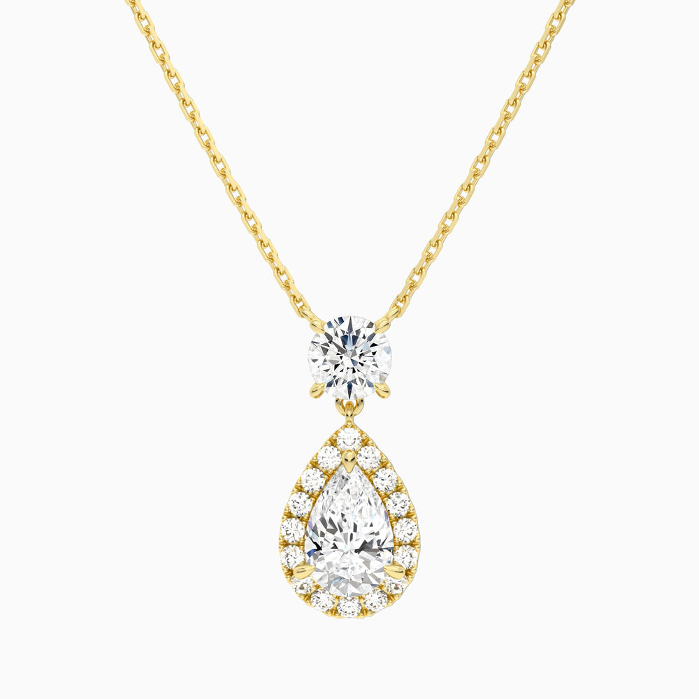Duo Drop Round and Halo Pear Lab Grown Diamond Necklace In 14K Yellow Gold - Lucenjuri