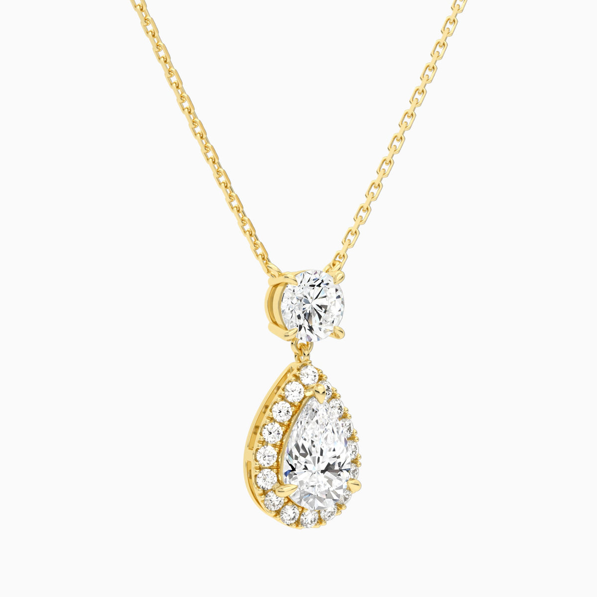 Duo Drop Round and Halo Pear Lab Grown Diamond Necklace In 14K Yellow Gold - Front Angle View