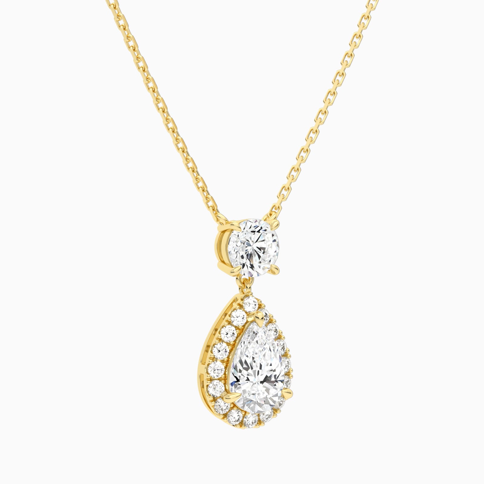 Duo Drop Round and Halo Pear Lab Grown Diamond Necklace In 14K Yellow Gold - Front Angle View