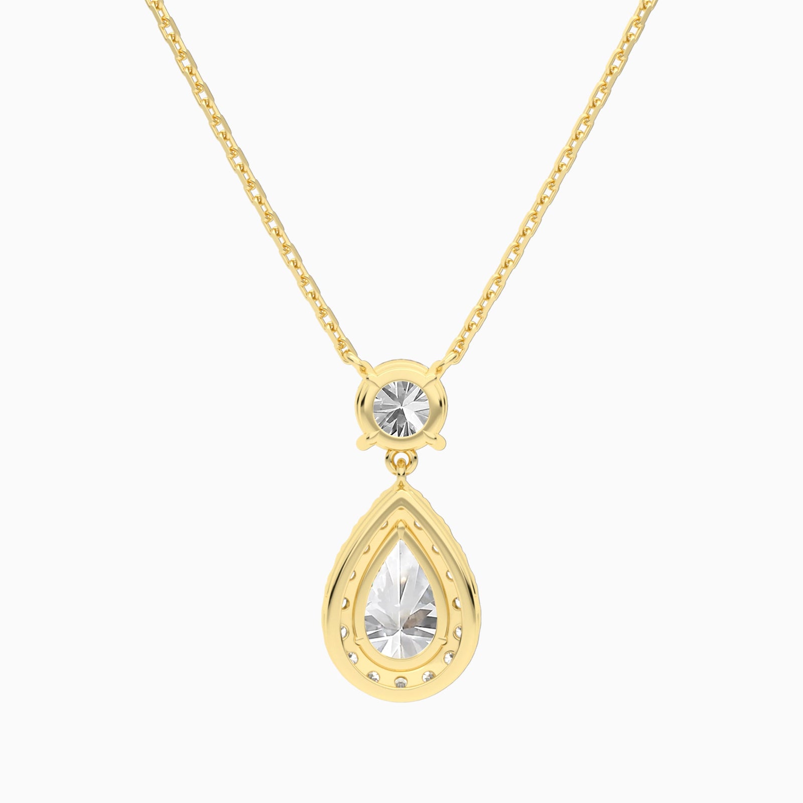 Duo Drop Round and Halo Pear Lab Grown Diamond Necklace In 14K Yellow Gold - Back View