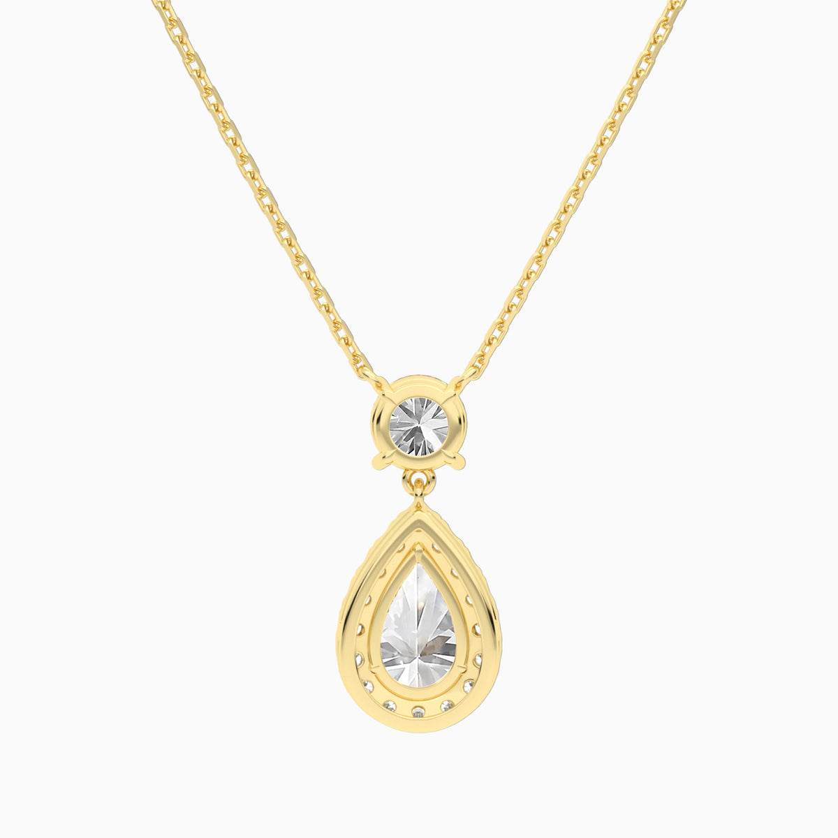 Duo Drop Round and Halo Pear Lab Grown Diamond Necklace In 18K Yellow Gold - Back View