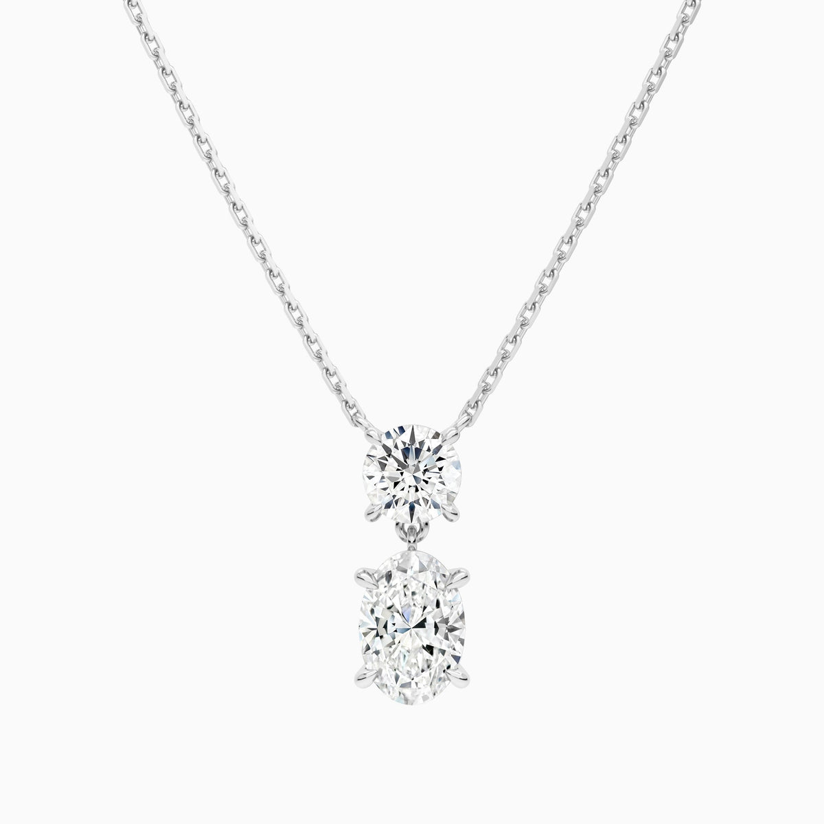 Duo Drop Round and Oval Lab Grown Diamond Necklace In 14K White Gold - Lucenjuri