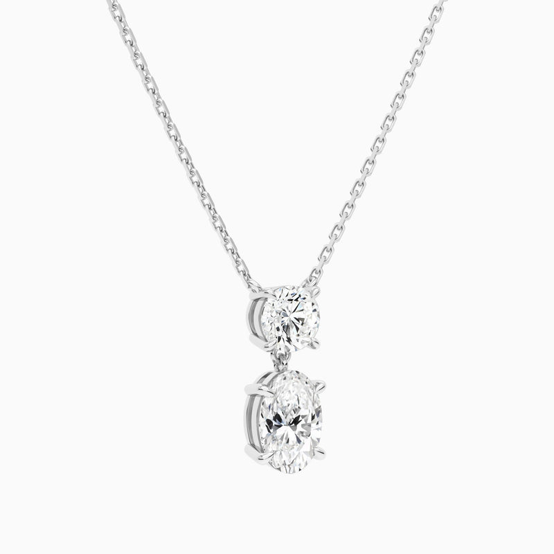 Duo Drop Round and Oval Lab Grown Diamond Necklace In 18K White Gold - Front Angle View