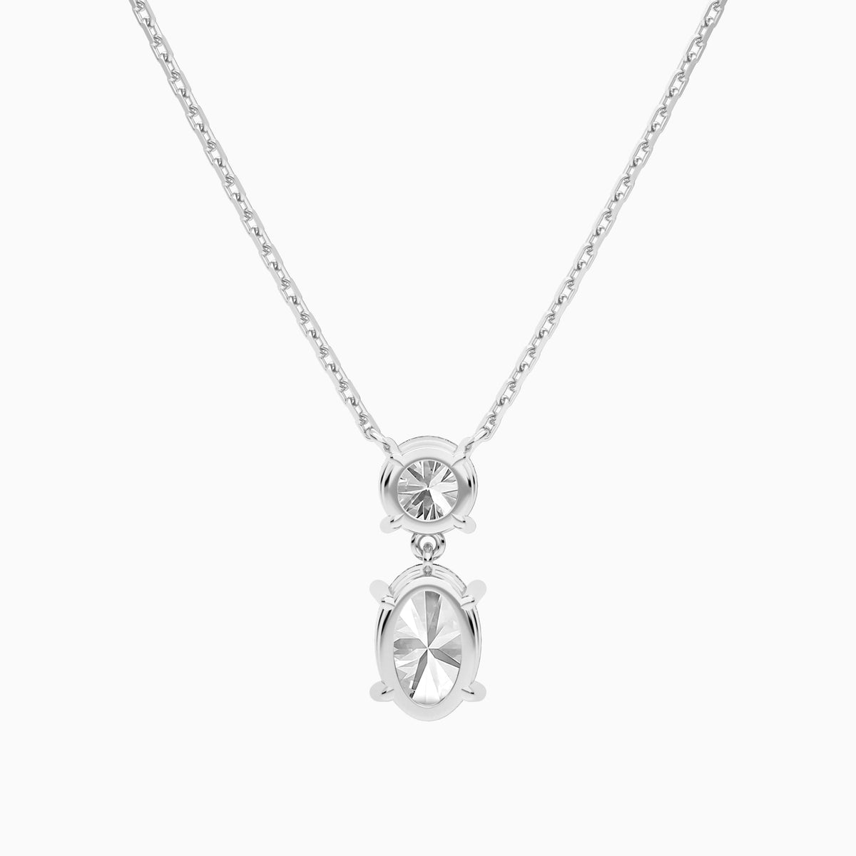 Duo Drop Round and Oval Lab Grown Diamond Necklace In 18K White Gold - Back View