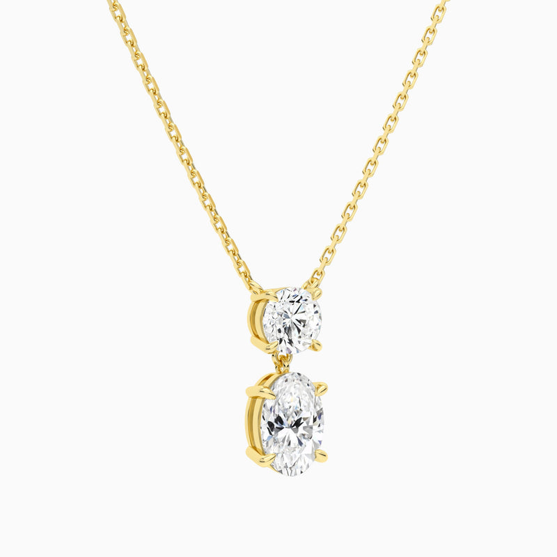 Duo Drop Round and Oval Lab Grown Diamond Necklace In 18K Yellow Gold - Front Angle View