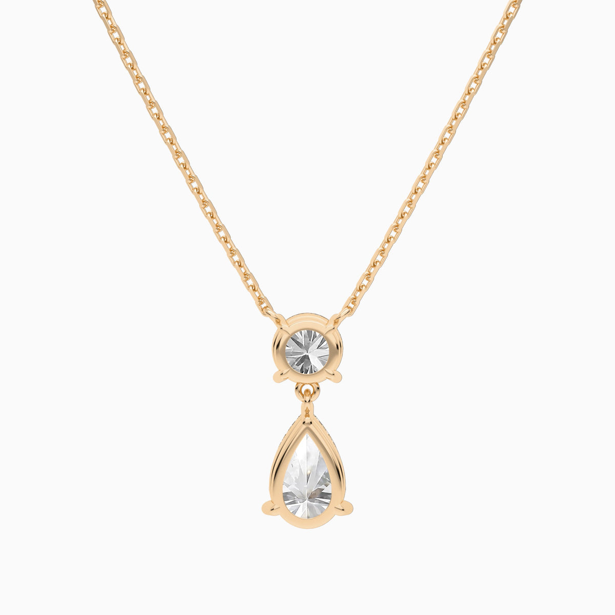 Duo Drop Round and Pear Lab Grown Diamond Necklace In 14K Rose Gold - Back View