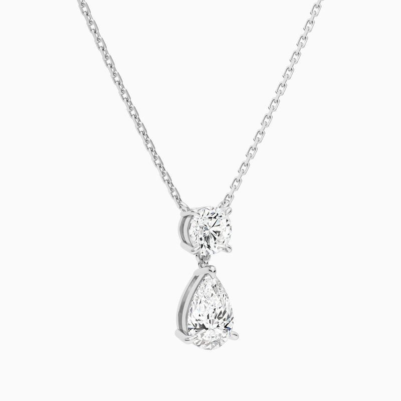 Duo Drop Round and Pear Lab Grown Diamond Necklace In 18K White Gold - Front Angle View