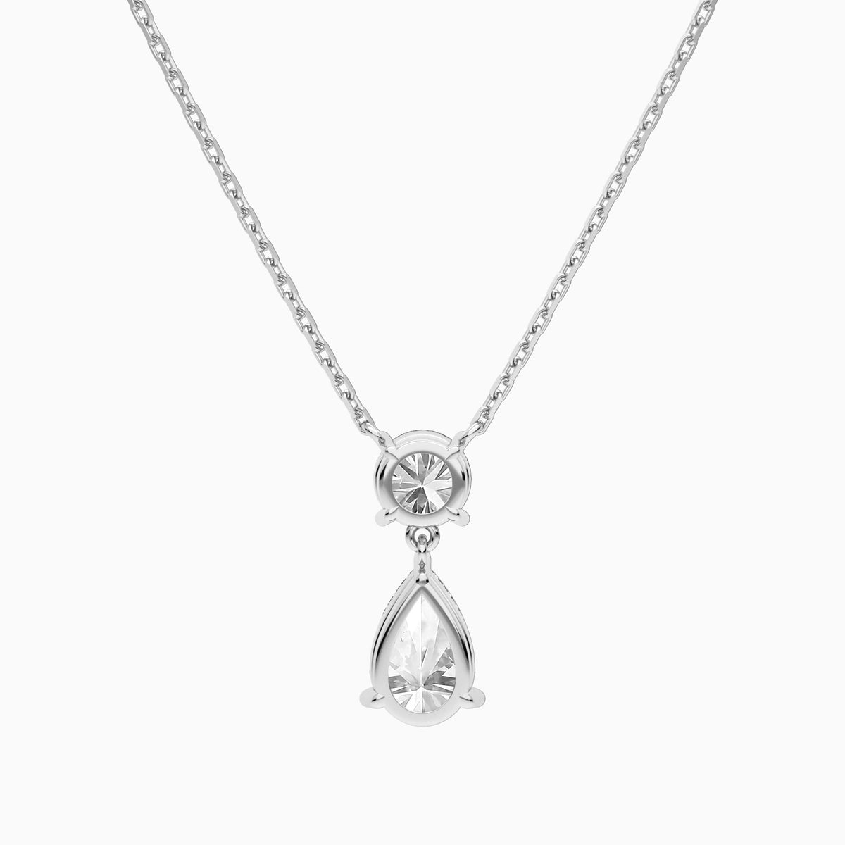 Duo Drop Round and Pear Lab Grown Diamond Necklace In 14K White Gold - Back View