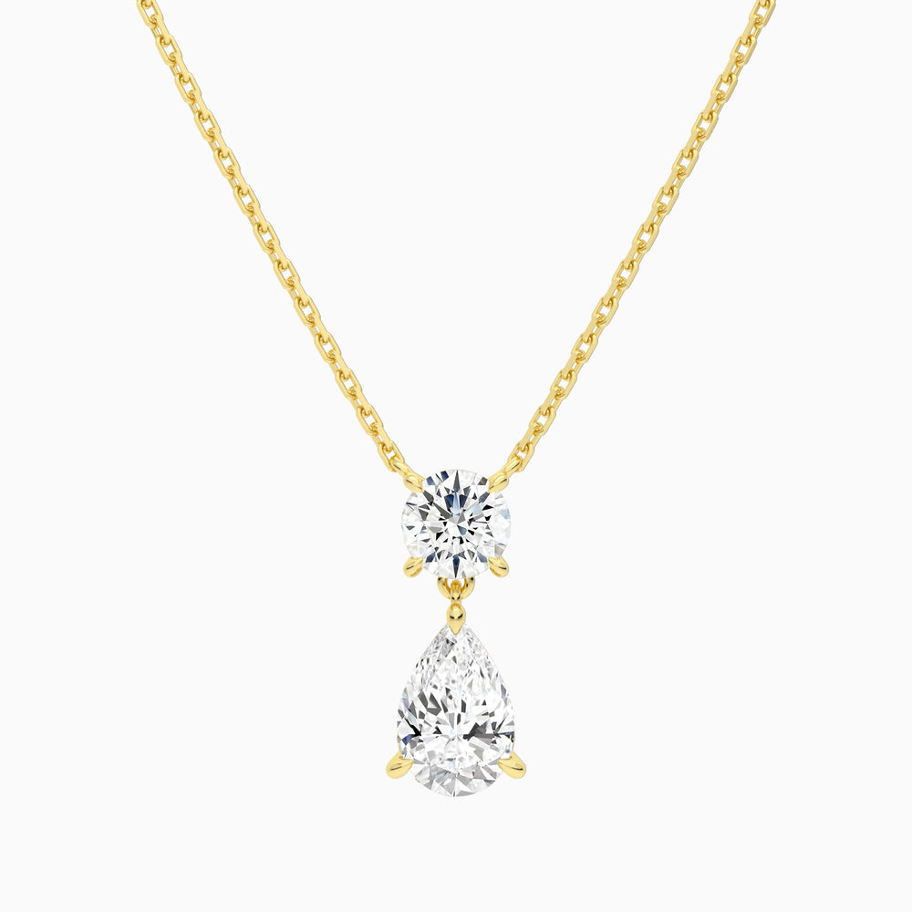 Duo Drop Round and Pear Lab Grown Diamond Necklace In 14K Yellow Gold - Lucenjuri
