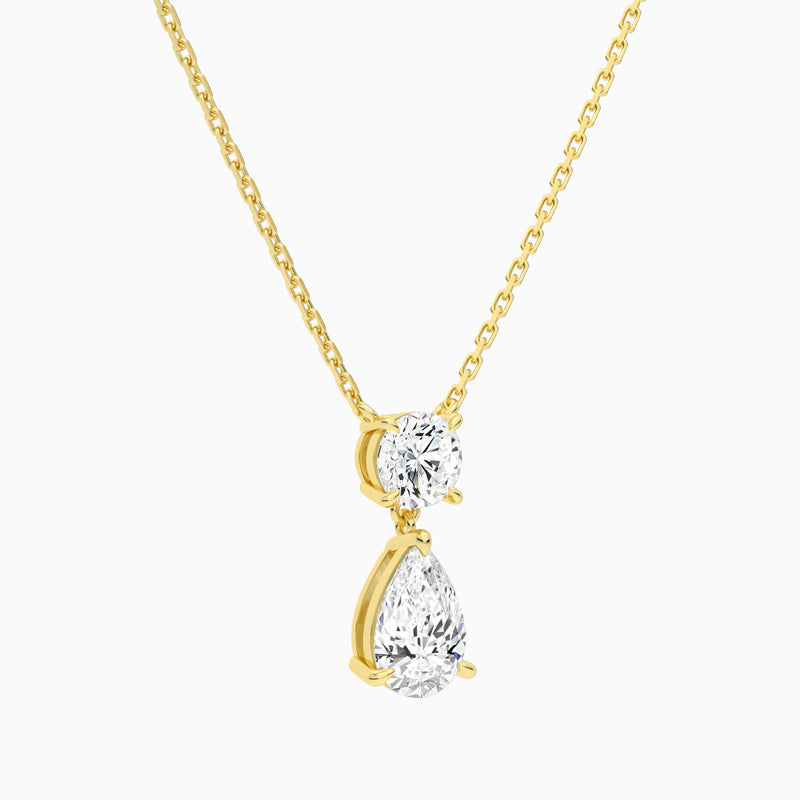 Duo Drop Round and Pear Lab Grown Diamond Necklace In 18K Yellow Gold - Front Angle View