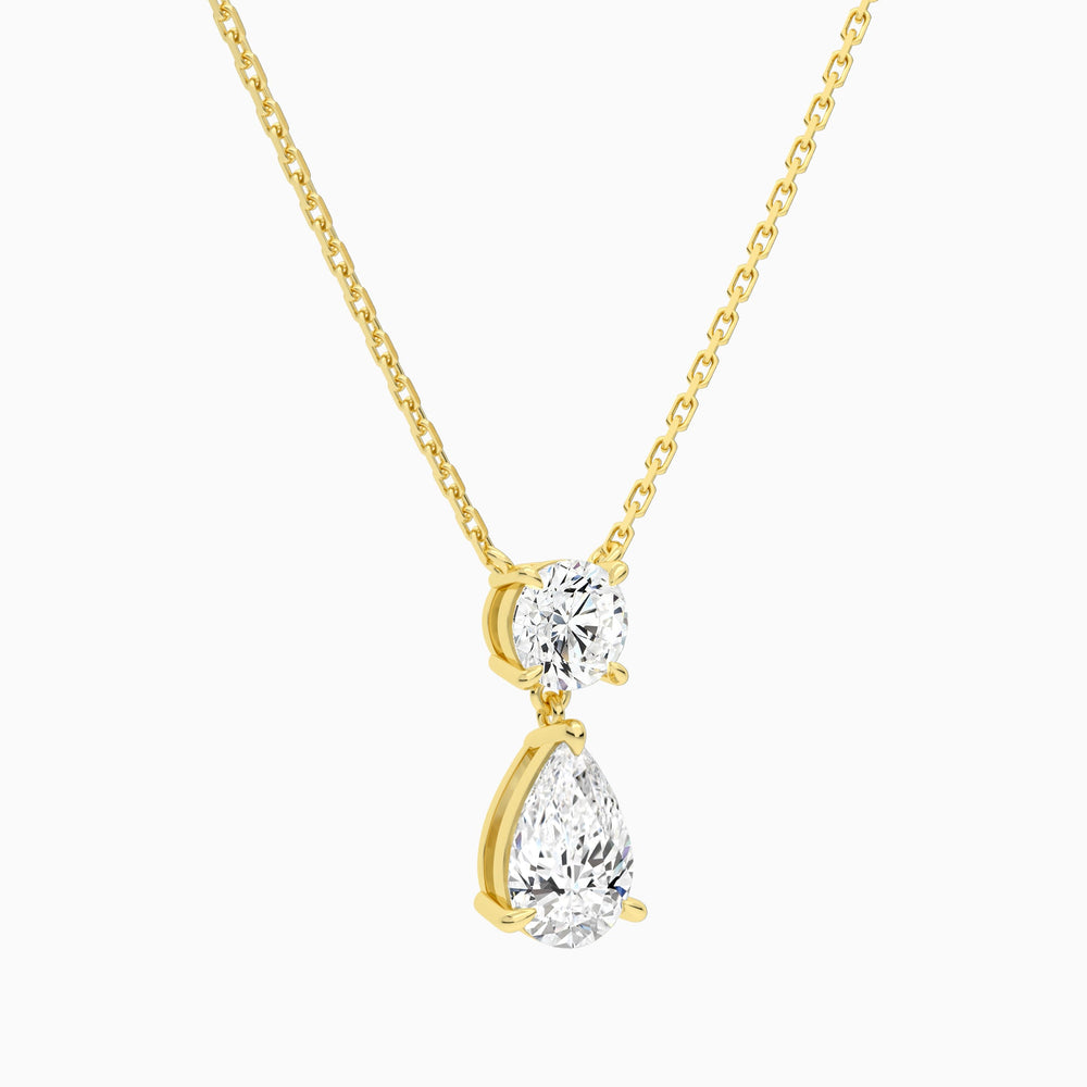 Duo Drop Round and Pear Lab Grown Diamond Necklace In 14K Yellow Gold - Front Angle View
