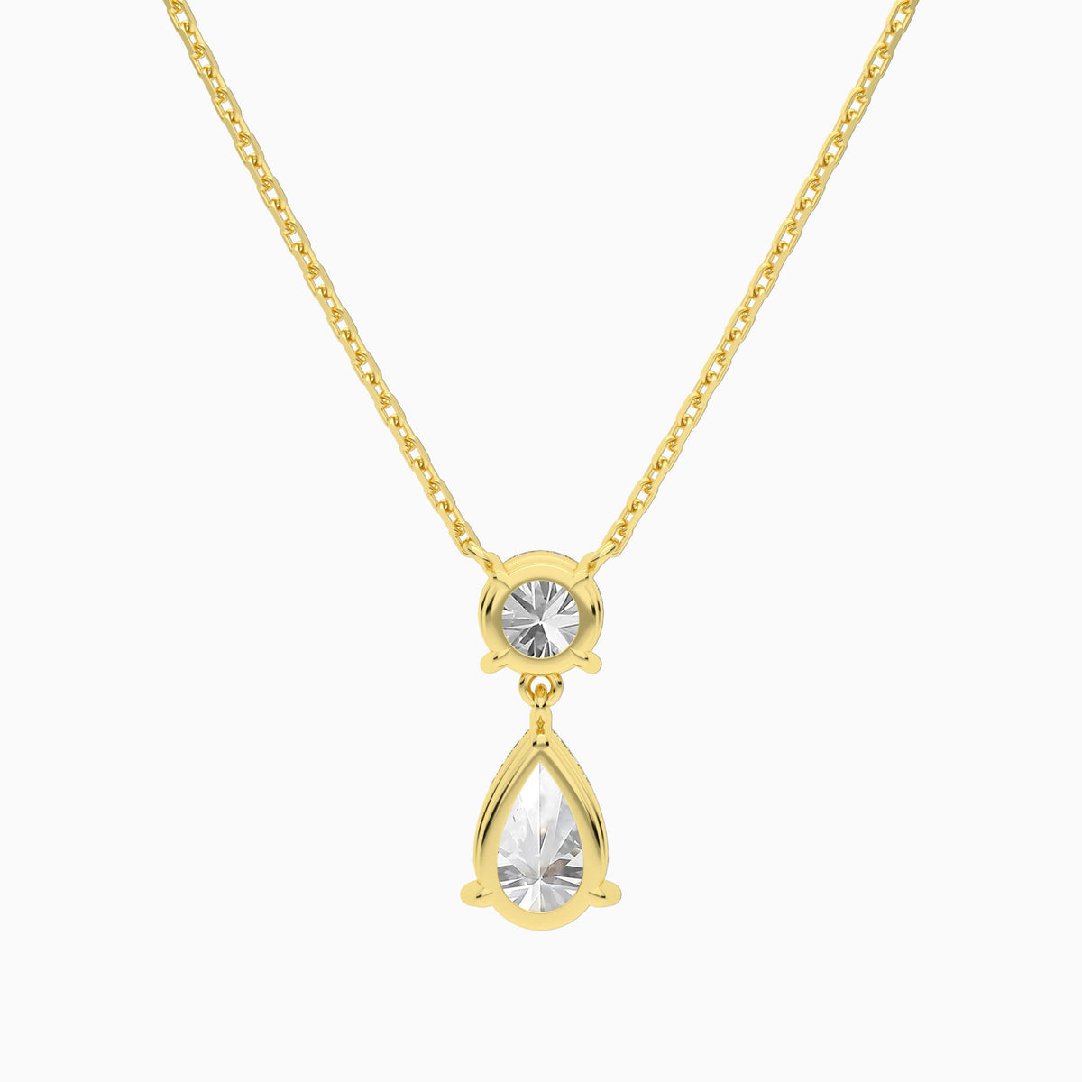 Duo Drop Round and Pear Lab Grown Diamond Necklace In 18K Yellow Gold - Back View