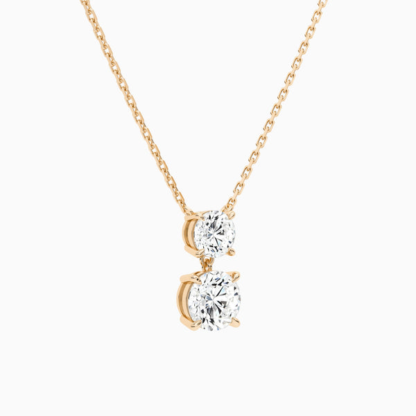 Duo Drop Round Lab Grown Diamond Necklace In 14K Rose Gold - Front Angle View