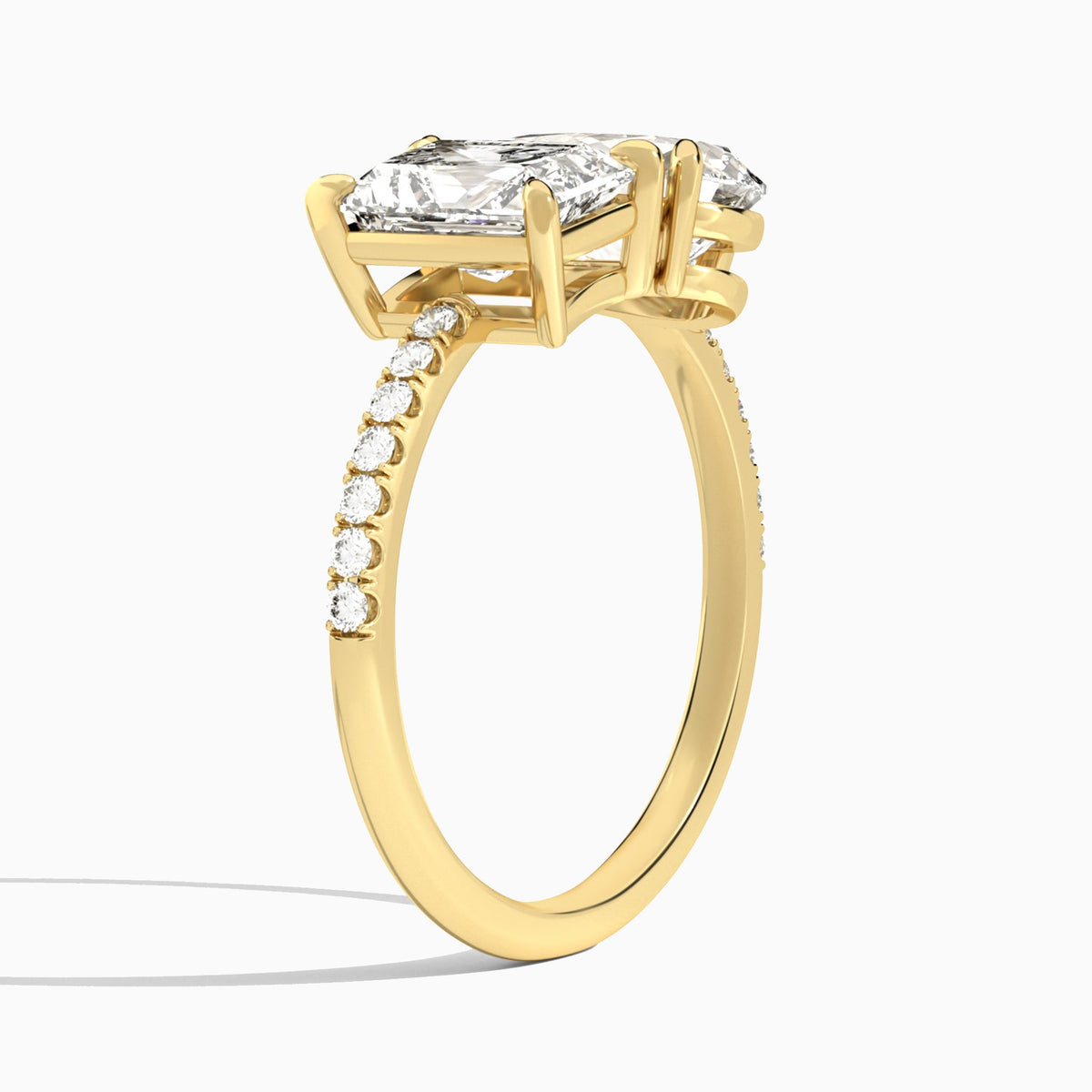 Toi Et Moi Radiant and Pear Accented Diamond Engagement Ring In 14K Yellow Gold, Angle View