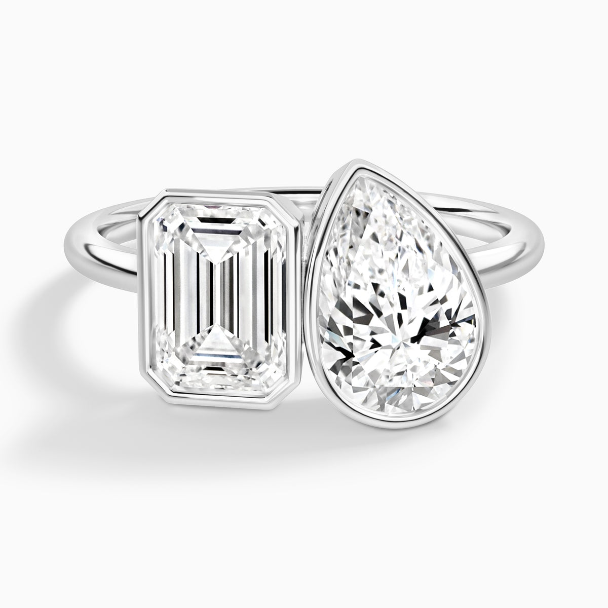 Bezel Toi Et Moi Emerald and Pear Diamond Engagement Ring In Platinum - Lucenjuri