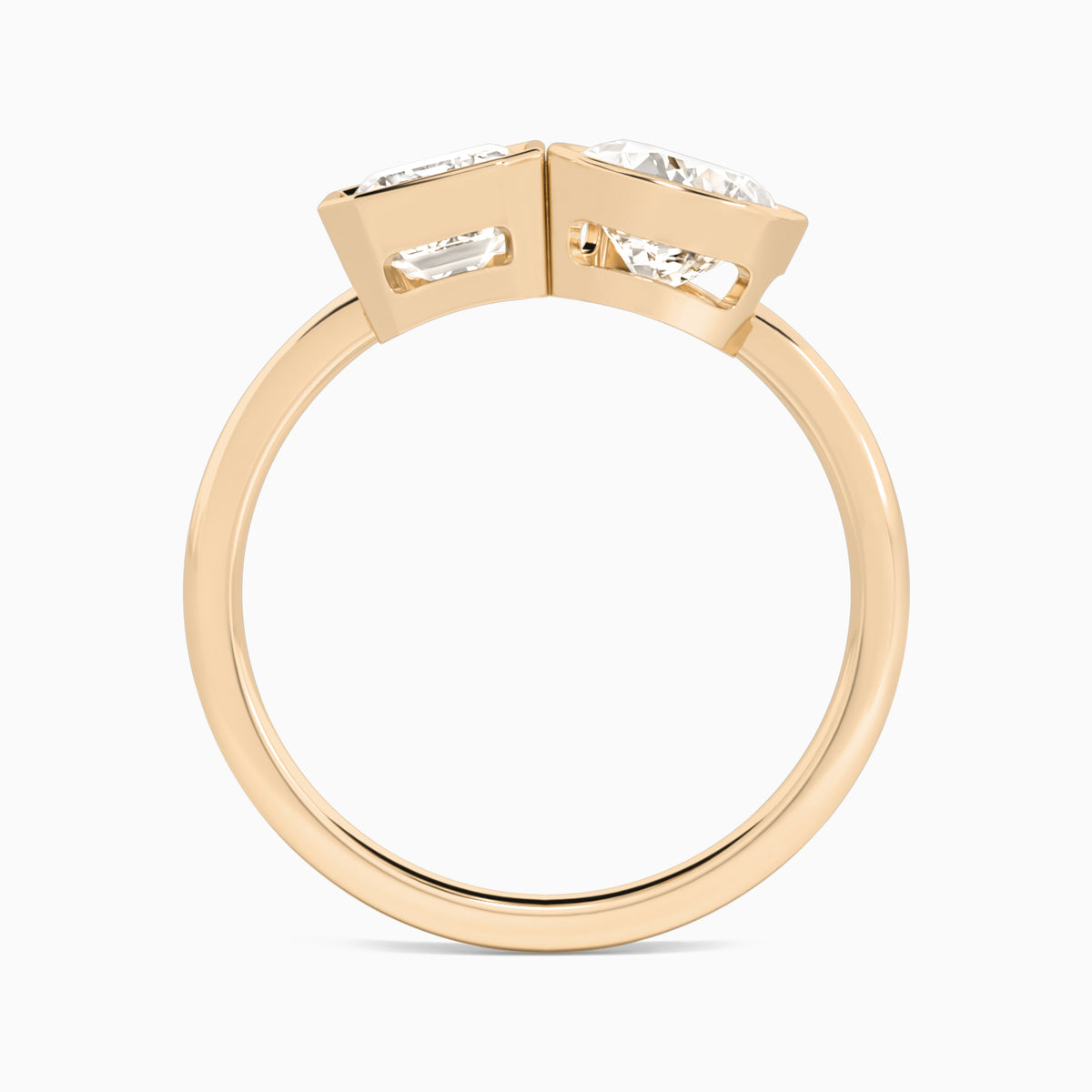 Bezel Toi Et Moi Emerald and Pear Diamond Engagement Ring In 14K Rose Gold, Top View