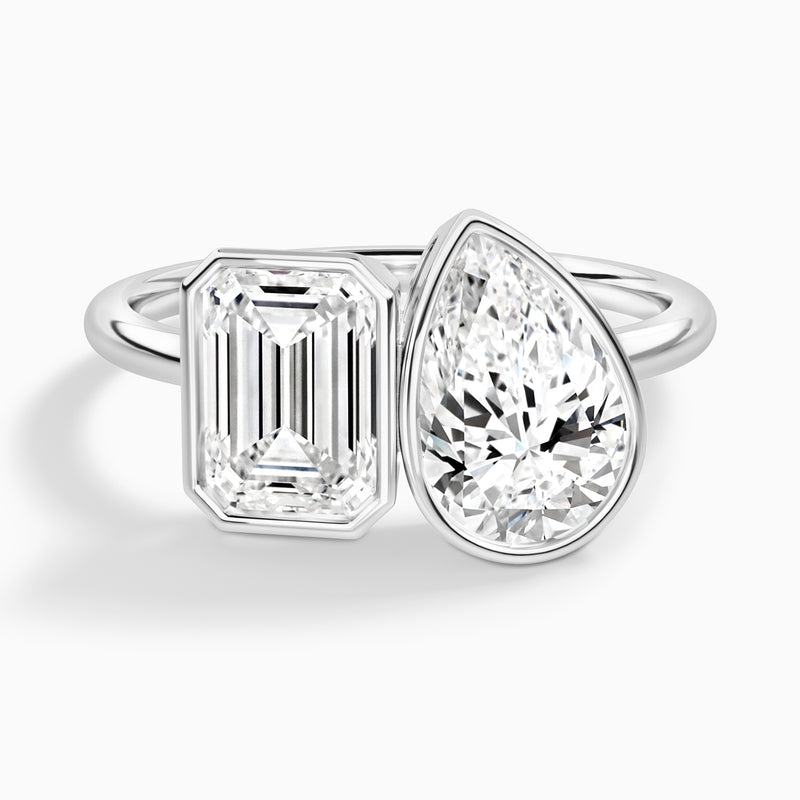 Bezel Toi Et Moi Emerald and Pear Diamond Engagement Ring In 14K White Gold - Lucenjuri