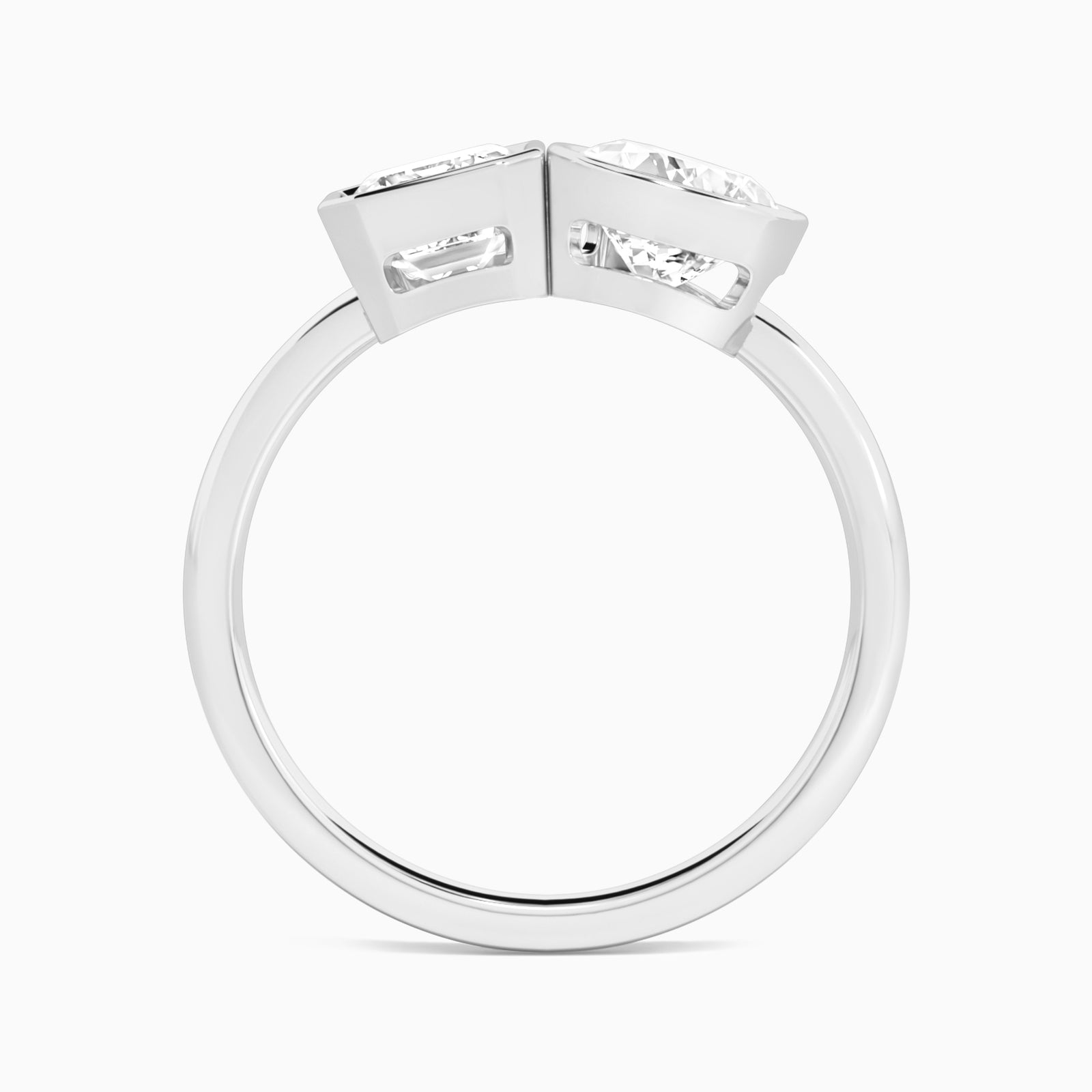 Bezel Toi Et Moi Emerald and Pear Diamond Engagement Ring In 14K White Gold, Top View