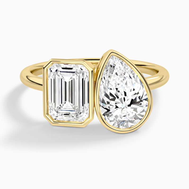 Bezel Toi Et Moi Emerald and Pear Diamond Engagement Ring In 14K Yellow Gold - Lucenjuri