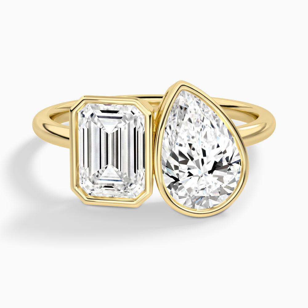 Bezel Toi Et Moi Emerald and Pear Diamond Engagement Ring In 14K Yellow Gold - Lucenjuri