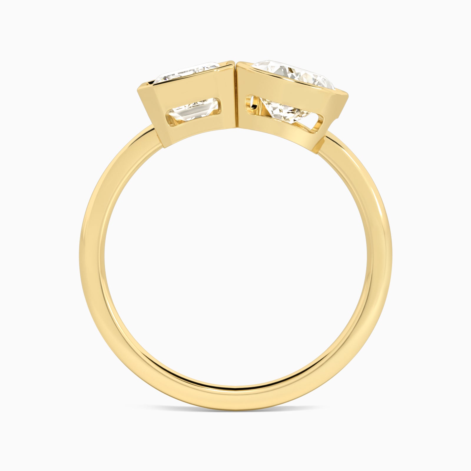 Bezel Toi Et Moi Emerald and Pear Diamond Engagement Ring In 14K Yellow Gold, Top View