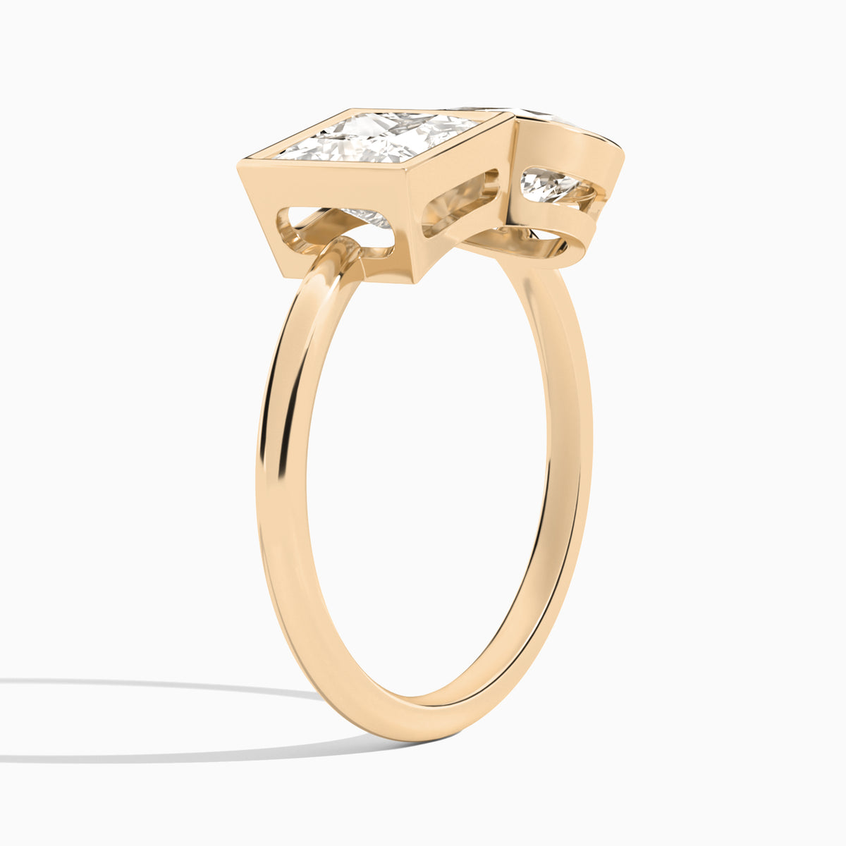 Bezel Toi Et Moi Princess and Pear Diamond Engagement Ring In 14K Rose Gold, Angle View