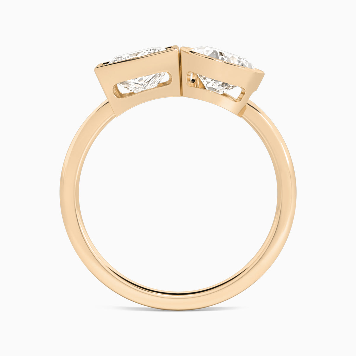Bezel Toi Et Moi Princess and Pear Diamond Engagement Ring In 14K Rose Gold, Top View
