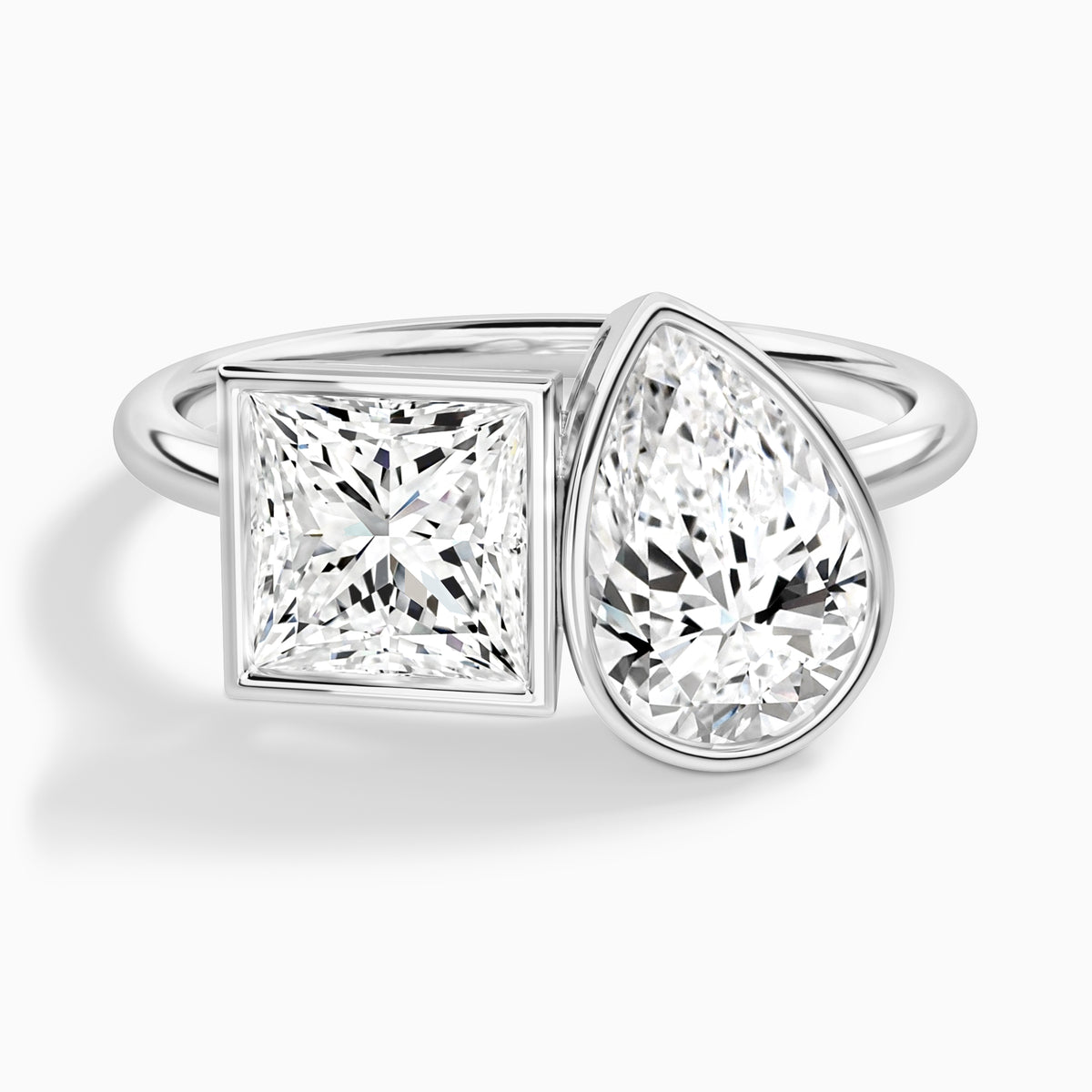Bezel Toi Et Moi Princess and Pear Diamond Engagement Ring In 14K White Gold - Lucenjuri