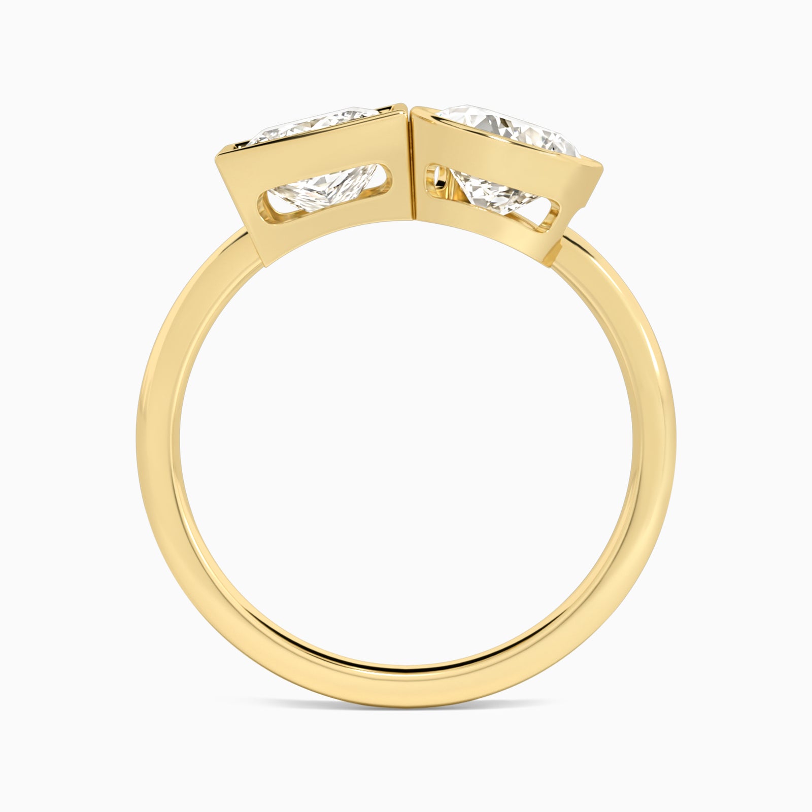 Bezel Toi Et Moi Princess and Pear Diamond Engagement Ring In 14K Yellow Gold, Top View