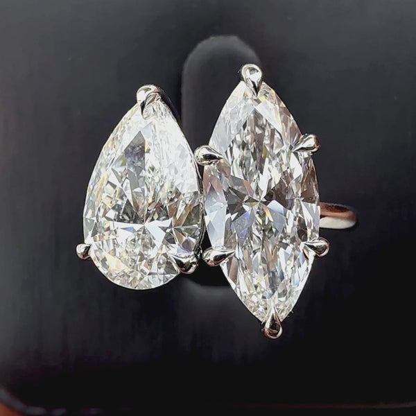 Pear and marquise cut Toi et Moi ring, white gold two-stone engagement ring, unique marquise diamond jewelry, custom pear cut bridal ring.