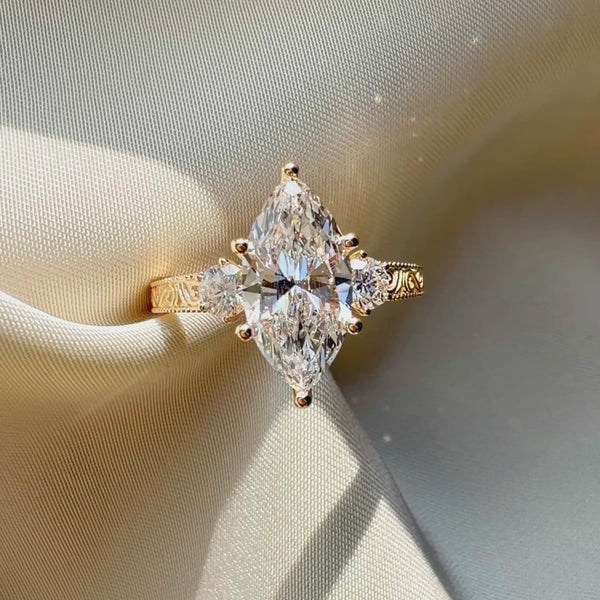 Vintage marquise diamond ring, 3-stone gold engagement ring, engraved wedding band, antique style bridal jewelry.